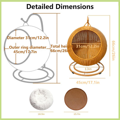 Cat Swing Bed with Cushion Indoor Outdoor Wicker Hanging Cat Bed for Dogs, and Small Animals pet Egg Chair for Living Rooms, Bedrooms, Patios, or Gardens(Brown)