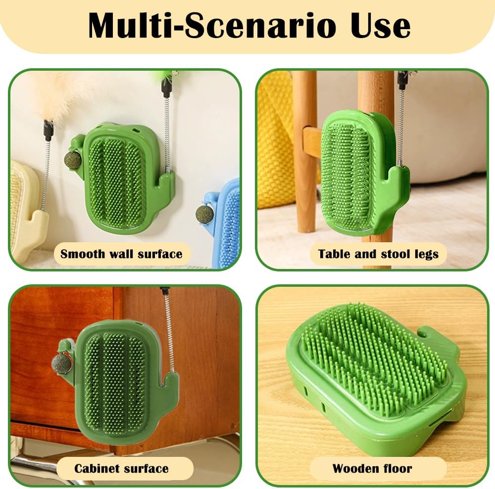 3 in 1 Cat Self Groomer Brush, Cactus Style Wall Corner Massage Comb Scratcher with Feather Toys & Catnip Ball for Indoor Cats, Pet Tickling Artifact, Cat Face Scratchers for Fur Pets