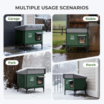 Apasiri Heated Cat House for Outdoor: Weatherproof Outside Cat Shelter, Insulated Cat House Outdoor with Heated Pad, Sloping Roof & Escape Door, Elevated Base for Stray Cats, Small