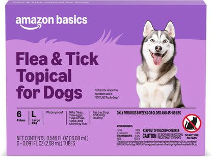 Amazon Basics Flea and Tick Topical Treatment for Dogs, Large (45-88 lbs), Fast Acting and Long Lasting, 6 Counts, Packaging May Vary
