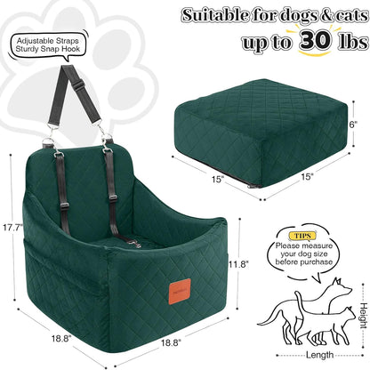 Dog Booster Car Seat for Dogs up to 35lbs, Safety Pet Car Seats with Anti-Slip Bottom, Travel Booster Dog Bed with 2 Storage Pockets (Green, Medium)