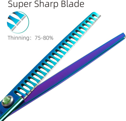 Fenice Peak 7.5'' Green Chunker Dog Grooming Scissors Pet Shears with Ergonomic Offest Handle and Simulated Emerald Screw 440C Grooming Scissors Trimming Shears Durable and Sharp