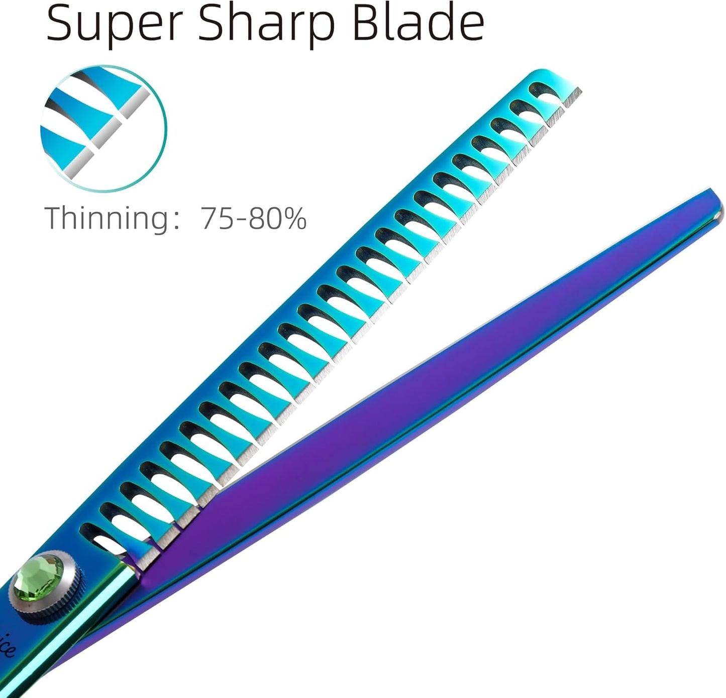 Fenice Peak 7.5'' Green Chunker Dog Grooming Scissors Pet Shears with Ergonomic Offest Handle and Simulated Emerald Screw 440C Grooming Scissors Trimming Shears Durable and Sharp