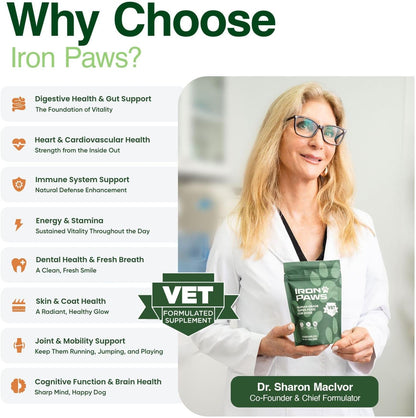 Human-Grade Superfood For Dogs, Premium Greens Powder Supplement For Dental Health, Longevity, Hip & Joint, Gut Health, Allergies, Immune Support, Skin & Coat - 3.5 oz Nutrient Dense Formula