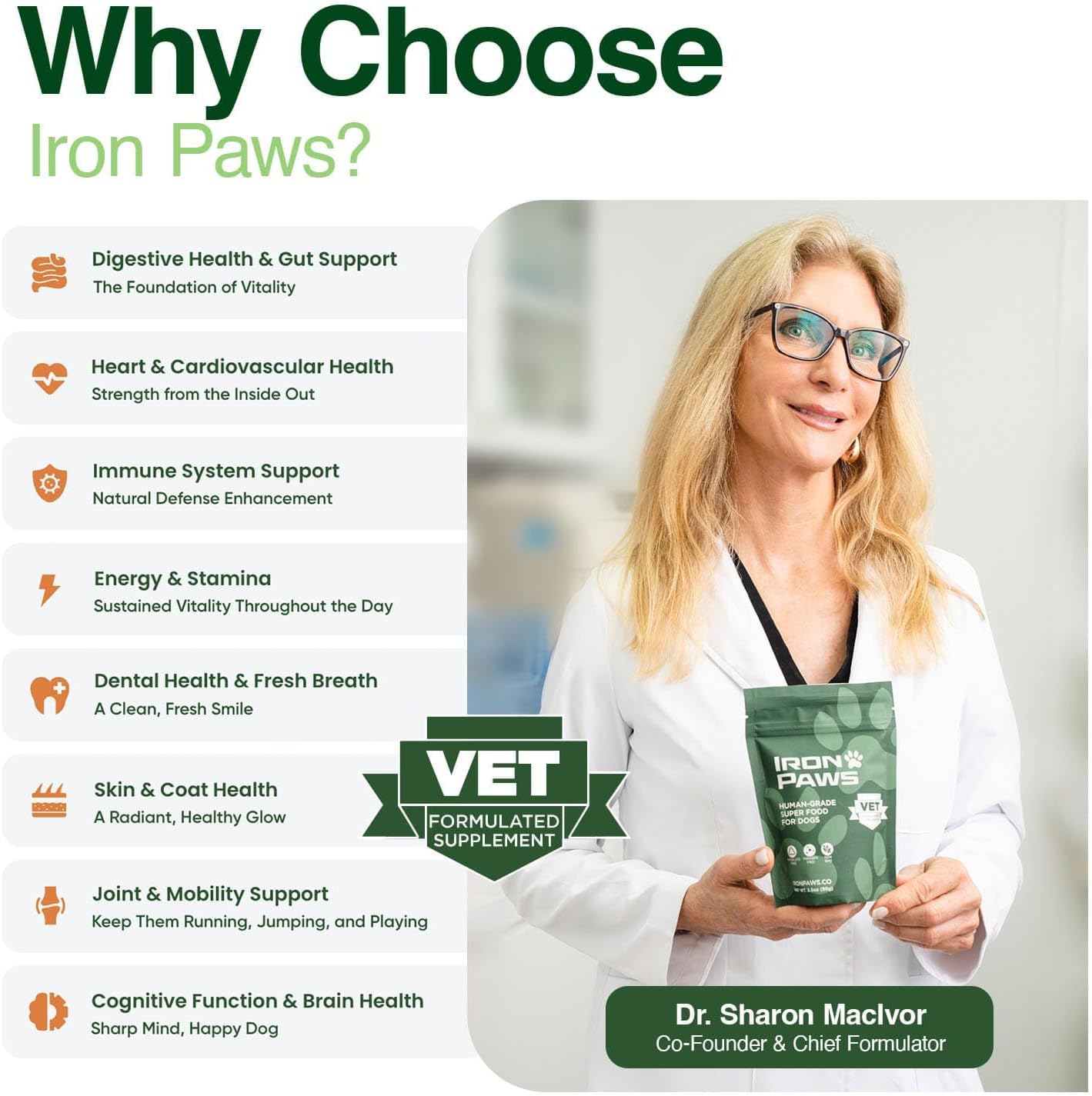 Human-Grade Superfood For Dogs, Premium Greens Powder Supplement For Dental Health, Longevity, Hip & Joint, Gut Health, Allergies, Immune Support, Skin & Coat - 3.5 oz Nutrient Dense Formula