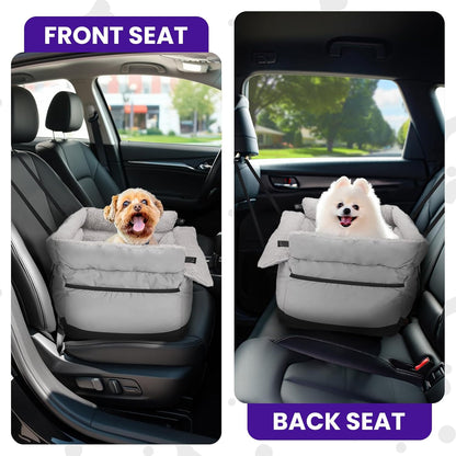 BurgeonNest Dog Car Seat for Small Dogs, Fully Detachable and Washable Cat Carseats Under 25 lbs, Soft Pet Booster Seats with Storage Pockets and Clip-On Leash Portable Car Travel Carrier Bed, Grey