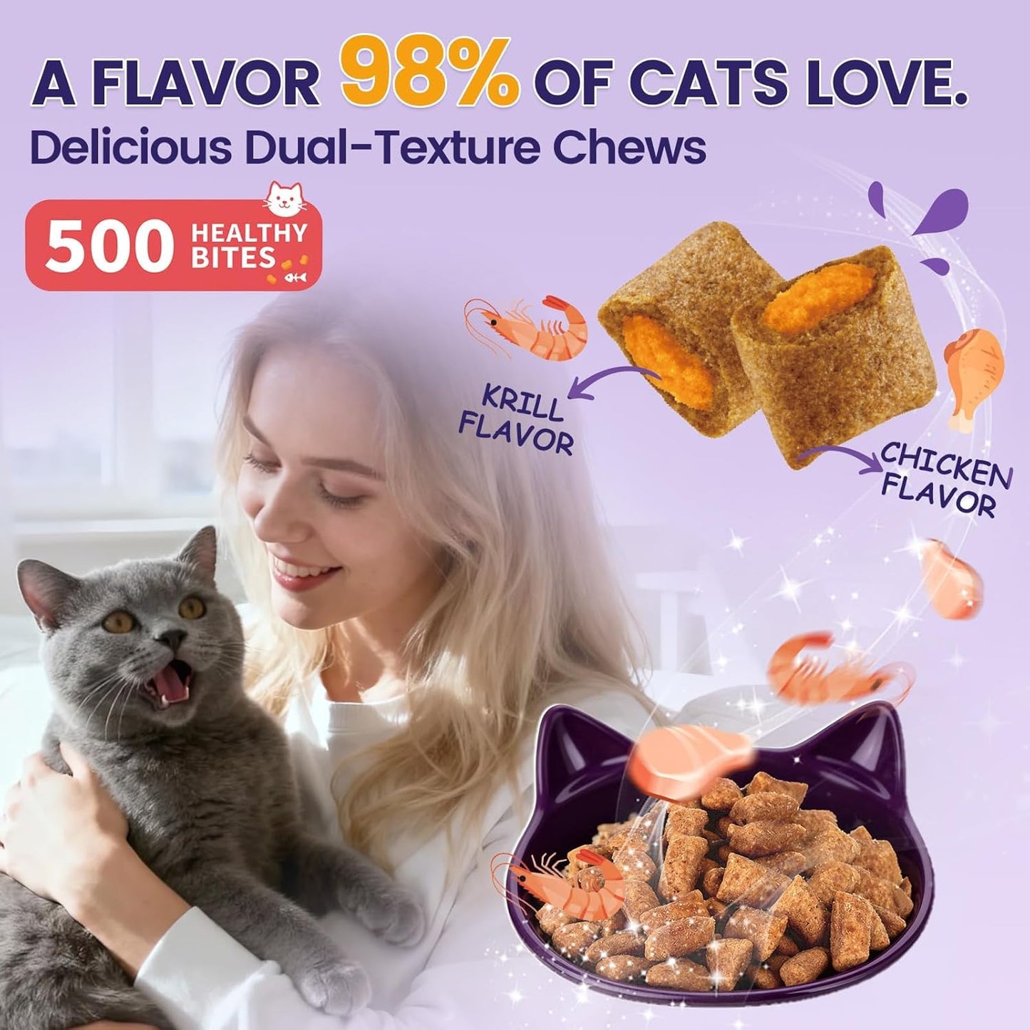 Cat Allergy Relief for Cats with Probiotics & Fish Oil - 500 Crunchy & Creamy Chews for Itchy Skin, Seasonal Allergies, Immune, Skin & Coat Support - with Omega 3 for All Breeds & Ages - Krill Flavor