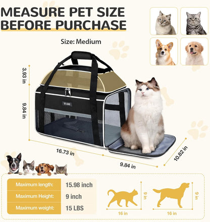 Lekereise Top-Expandable Pet Carrier with Dog Collar Light LED - TSA Airline Approved Soft Sided Underseat Up to 15lbs Travel Carriers for Small Cats and Dogs Black