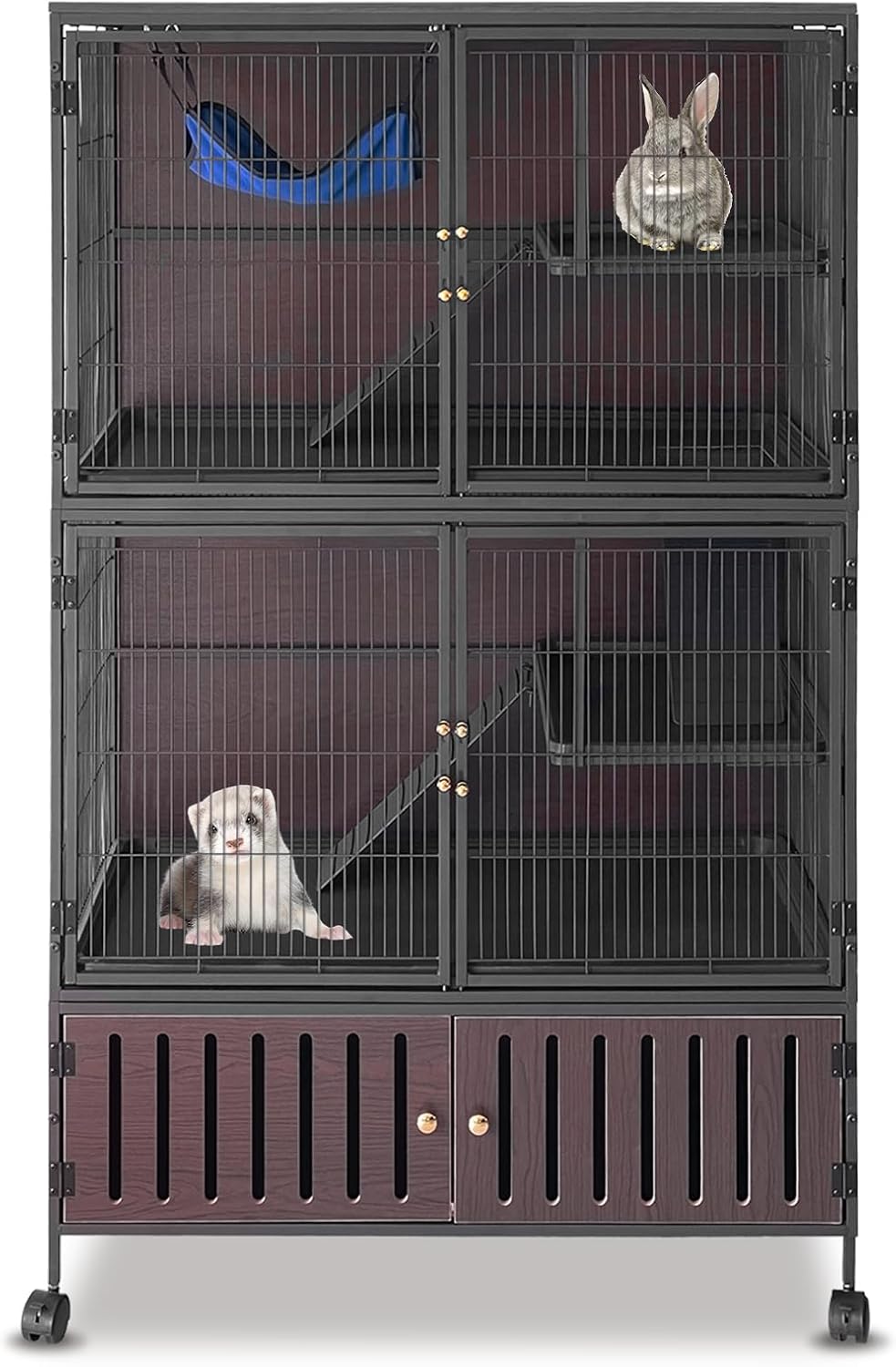 60" Large Metal Ferret Cage, Multi-Level Chinchilla Cages with Lockable Doors,3 Metal Ramps, 4 Wheels, Small Animal Cage with PP Trays & Storage Cabinet for Chinchillas, Ferrets, Guinea Pigs, Rats