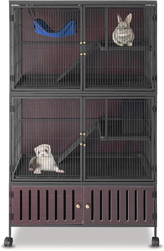 60" Large Metal Ferret Cage, Multi-Level Chinchilla Cages with Lockable Doors,3 Metal Ramps, 4 Wheels, Small Animal Cage with PP Trays & Storage Cabinet for Chinchillas, Ferrets, Guinea Pigs, Rats