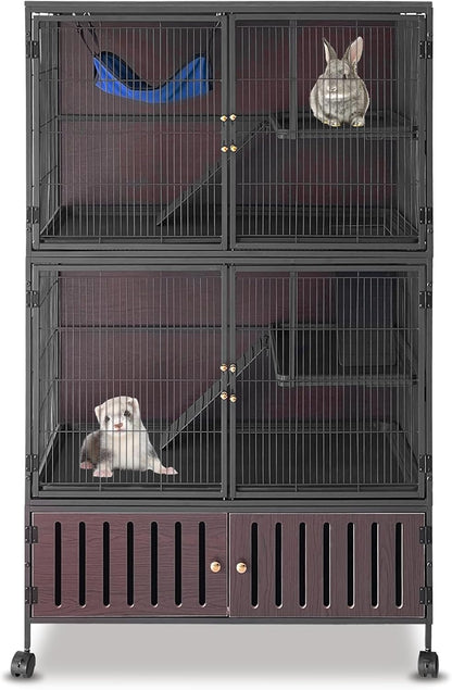 60" Large Metal Ferret Cage, Multi-Level Chinchilla Cages with Lockable Doors,3 Metal Ramps, 4 Wheels, Small Animal Cage with PP Trays & Storage Cabinet for Chinchillas, Ferrets, Guinea Pigs, Rats