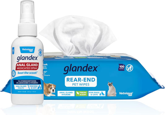 Vetnique Labs Glandex Anal Gland Medicated Spray for Dogs & Cats (4oz) and Glandex Anal Gland Hygienic Pet Wipes100 Ct Bundle, Dog Deodorizing Spray & Anti-Itch Spray, Cleaning Wipes with Fresh Scent