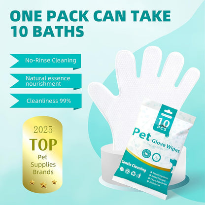 [10 Count] No-Rinse Pet Glove Wipes – 5-Finger Design, Coconut Oil & Aloe, Hypoallergenic Grooming Mitts for Dogs & Cats