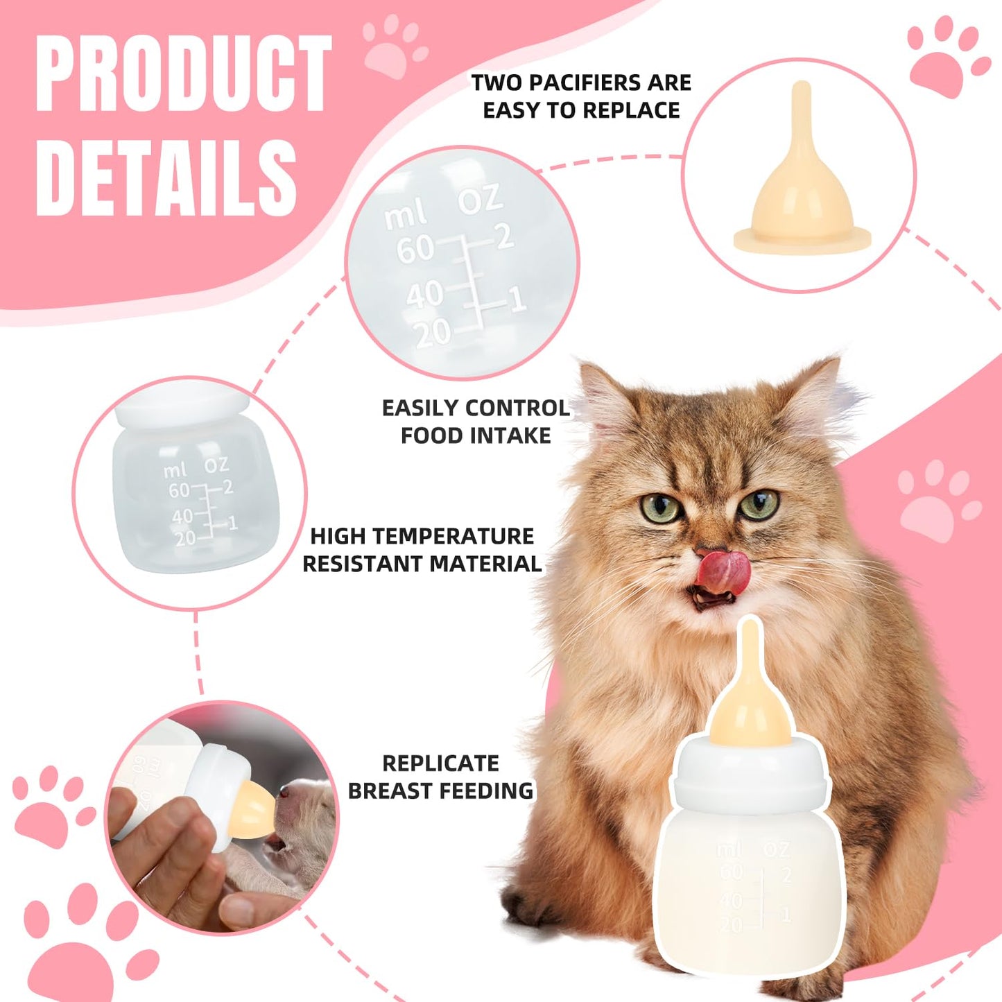 Kitten Bottles, Professional Kitten Bottle Feeding Kit, Nipple&Feeding Kit for Kittens and Puppies, Reusable Newborn Kitten Supplies, Suitable for Feeding Kitten, Puppy, Rabbit