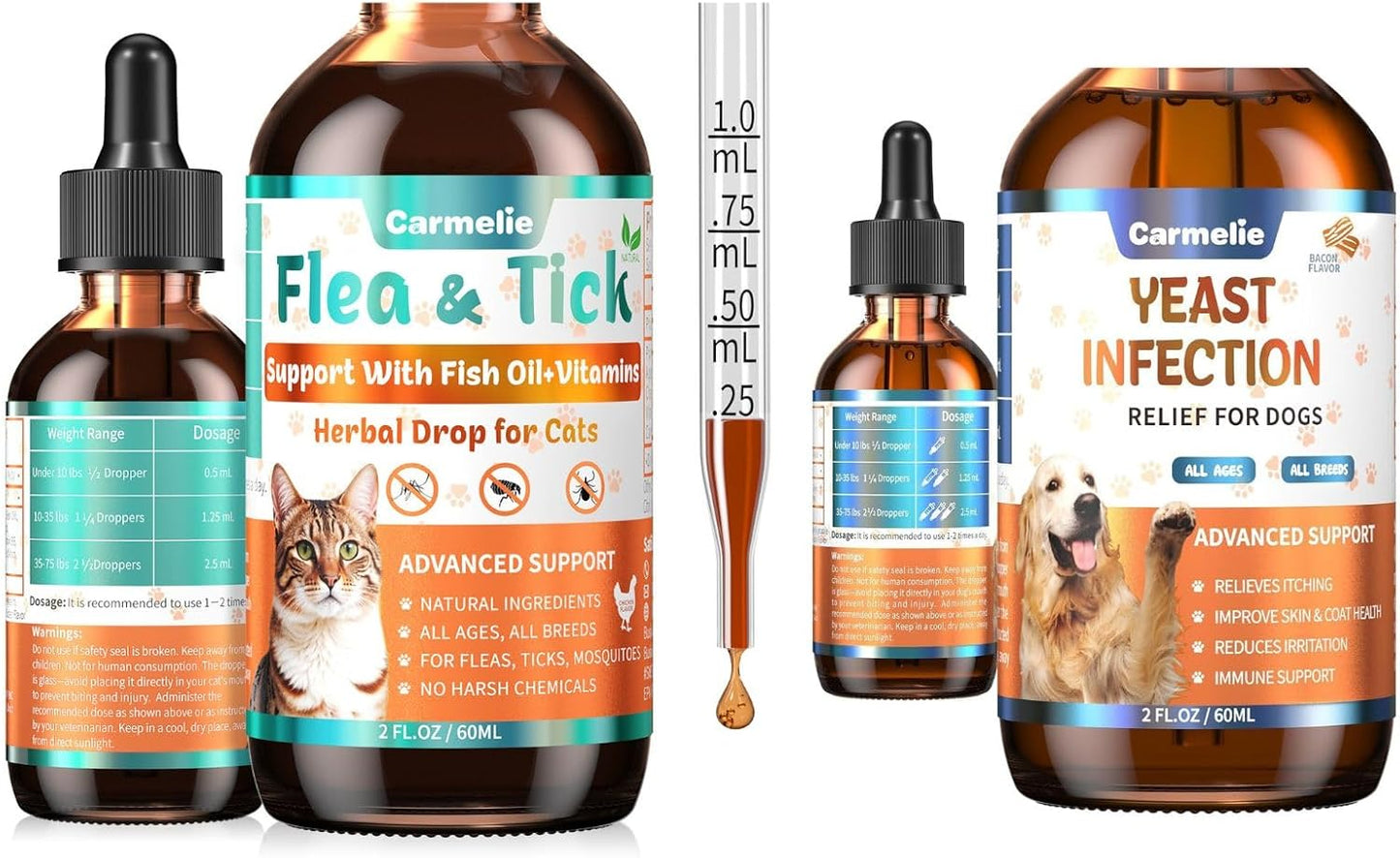 Flea and Tick Support for Cats & Natural Yeast Relief for Dogs, Natural Liquid Drops for All Breeds, Kittens to Senior Cat