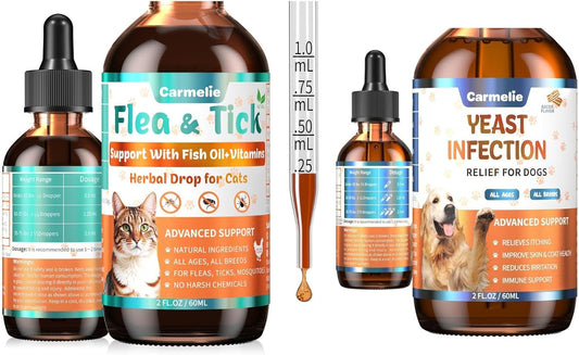 Flea and Tick Support for Cats & Natural Yeast Relief for Dogs, Natural Liquid Drops for All Breeds, Kittens to Senior Cat