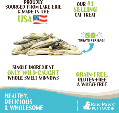 Raw Paws Smelt Freeze Dried Minnows for Cats & Dogs, 2-oz - Made in USA - Freeze Dried Fish for Cats - Single Ingredient Fish Dog Treats - Minnows Dog Treats