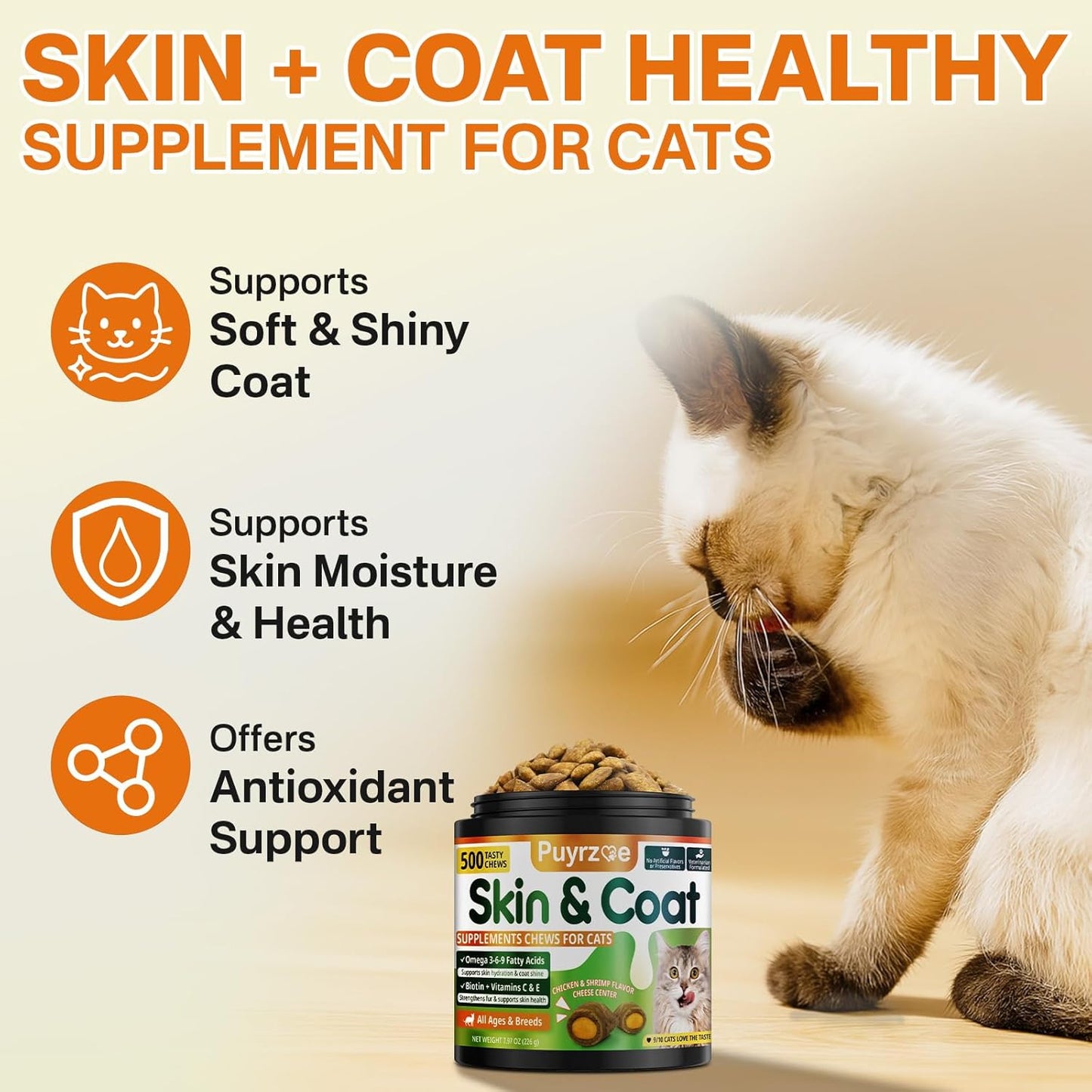 Cat Skin & Coat + Multivitamin - 500 Chews Crunchy & Creamy Cheese Core with Omega-3, Vitamins C & E, Biotin for Healthy Coat - Immune,Eye, Brain, and Bone Support for All Cats