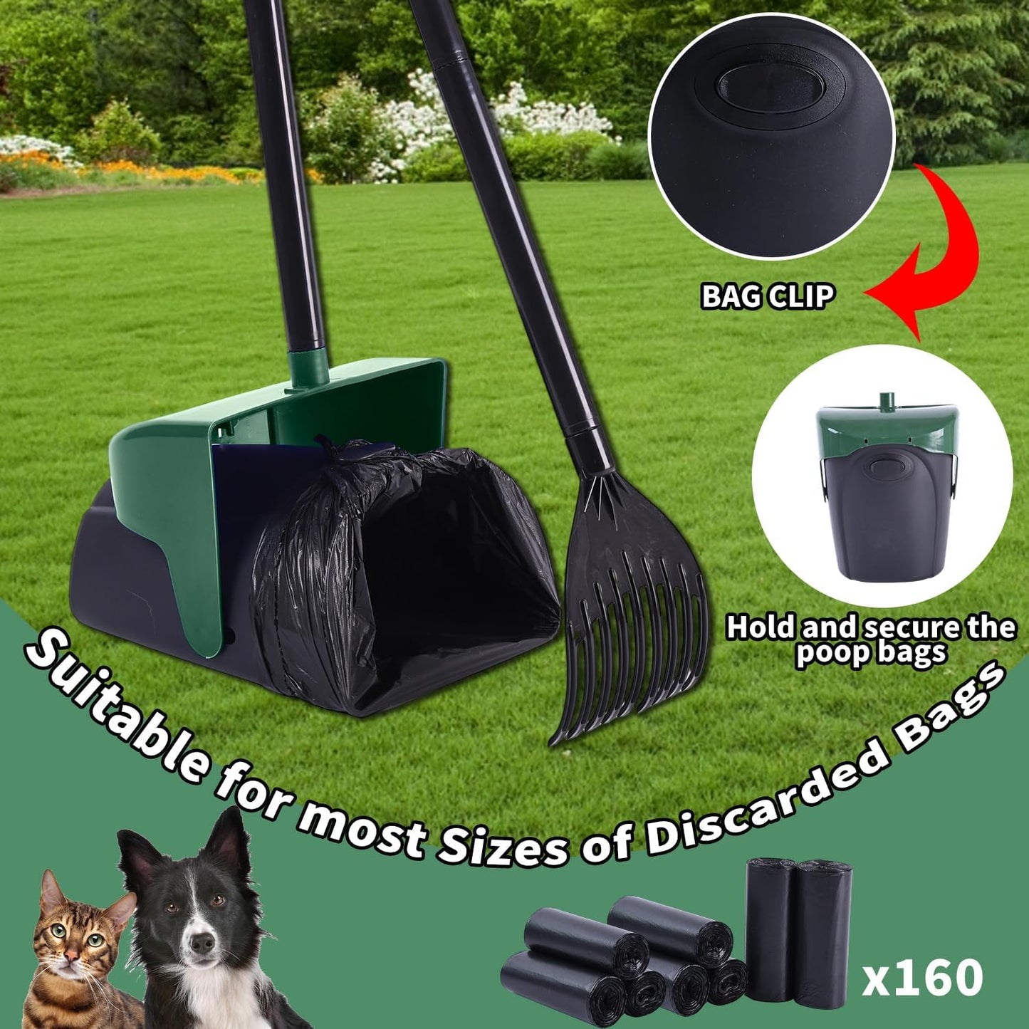 Pooper Scooper Large Swivel Bin & Rake with 160 Waste Bags,Heavy Duty Dog Pooper Scooper with Bag Attachment for Dogs, Long Handle Poop Scooper with Lid for Yard, Grass, Gravel(Dark Green)