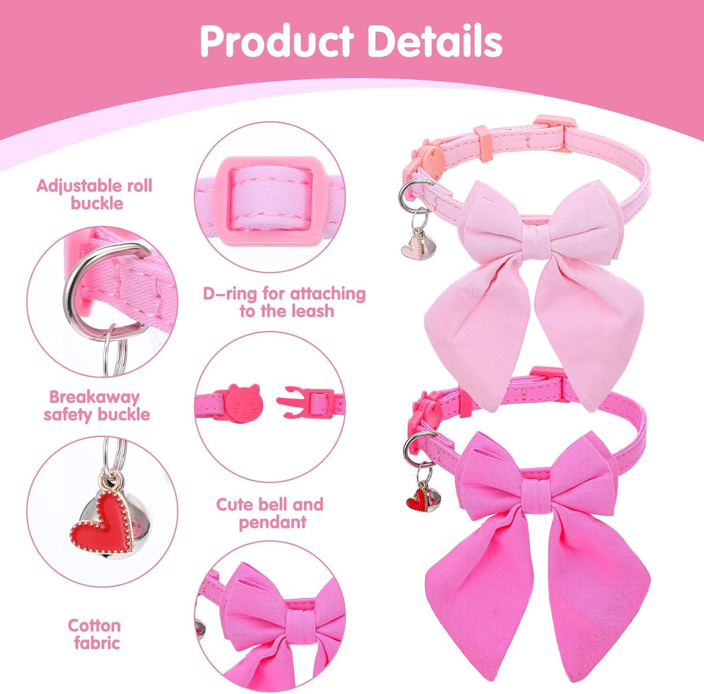 2 Pack Pink Cat Collar with Bow, Cute Cat Collar Breakaway with Bells, Pink Bowtie for Girl Cats, Cute Small Kitten Collars with Removable Safety Bowtie