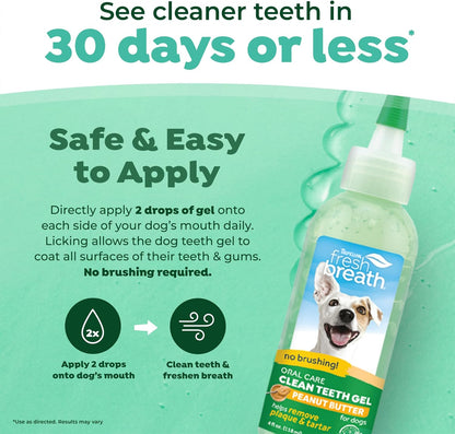 TropiClean Fresh Breath Dog Toothpaste for Teeth Cleaning, Breath Freshener, Easy Plaque & Tartar Remover Gel, No Toothbrush Needed, Peanut Butter, 4oz.
