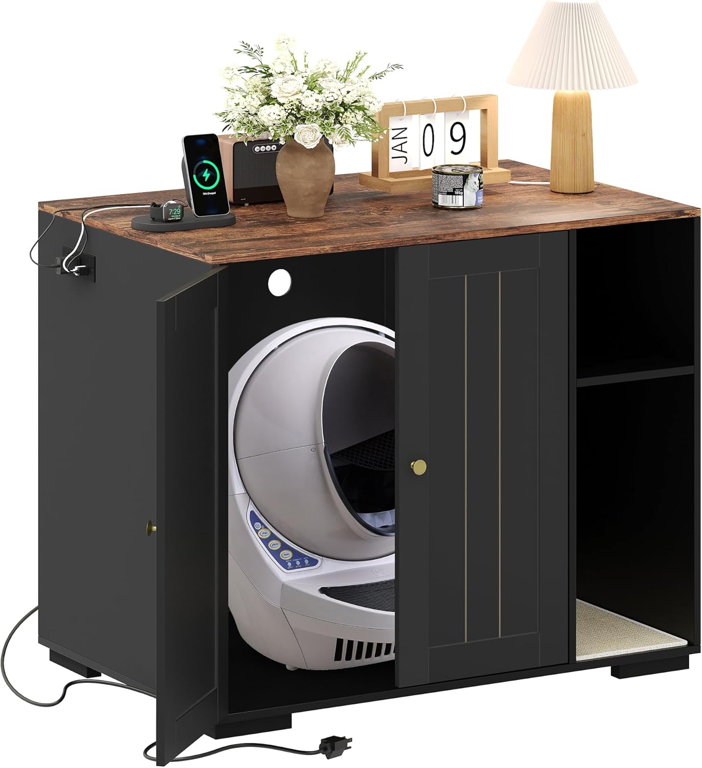 GarveeLife Cat Litter Enclosure Cabinet for Robot 3/4, XL Cat Enclosure Furniture with Built-in Power Outlet, Mat and Dog-Proof Shelf, Fit Most Self-Cleaning Litterboxes Black-A