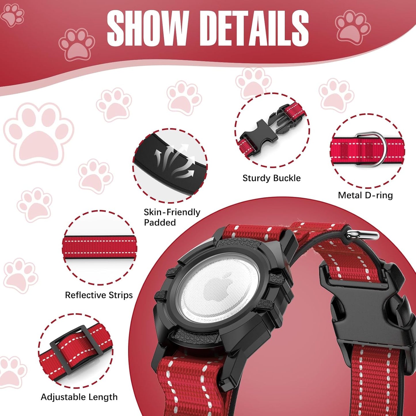 AirTag Dog Collar, Reflective Dog Collar with Airtag Holder, IP68 Waterproof Integrated Air Tag Dog Collars, Ultra-Durable, Comfortable Padded, GPS Tracker Collars for Dogs (Red, M)