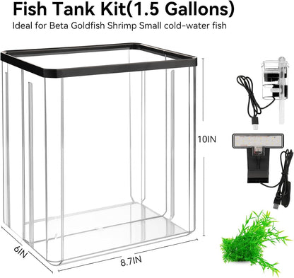 1.5 Gallon Aquarium Starter Kits - Plastic Fish Tank Kit Clear Beta Fish Tank Small with Filteration Oxygenation, Water Circulation, Lighting - Beginner's Gift for Guppy, Shrimp, Goldfish