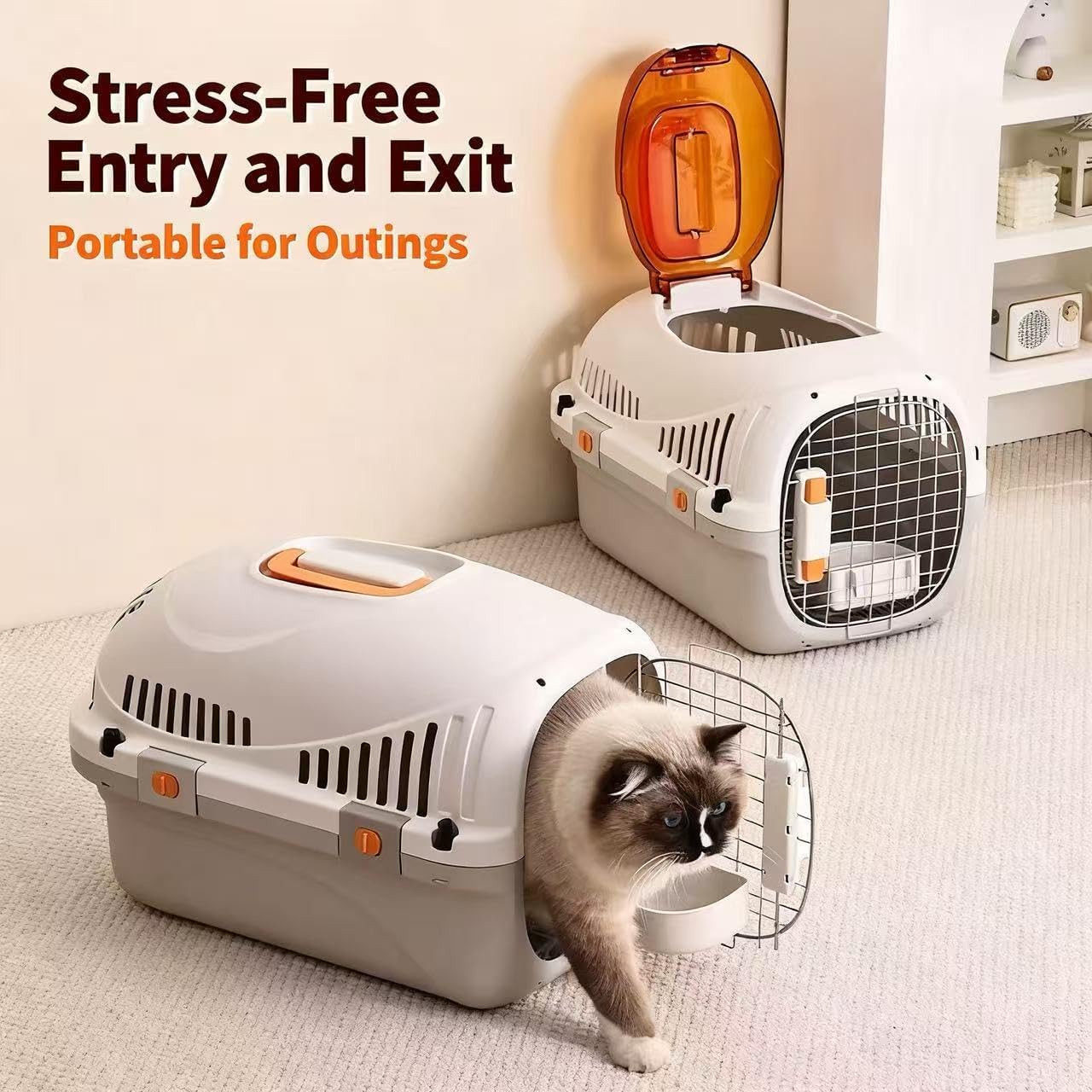 Hard Top Load Cat Carrier,Airline Pet Carrier,Cat Carrier Hard Shell, 360° Ventilation, Front Metal Door, Secure Latches,Includes Feather Wand,Hiking Car Travel Crate for Cats Small Dogs (Gray Set)