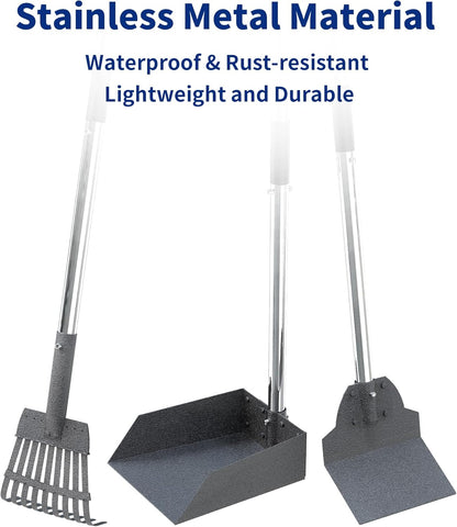 Dog Pooper Scooper Set, Stainless Metal Tray Rake Spade 3 Pack, Long Handle Pet Waste Scooper for Large Medium Small Dogs, Heavy Duty Poop Scooper for Yard, Grass, Dirt or Gravel