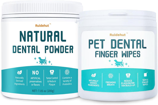 Dog Dental Kit, Dental Powder Contains Probiotics That Solve Bad Breath Through Internal Digestion, Finger Wipes Remove Plaque and Tartar from The Surface (50 Count & 7.05oz)