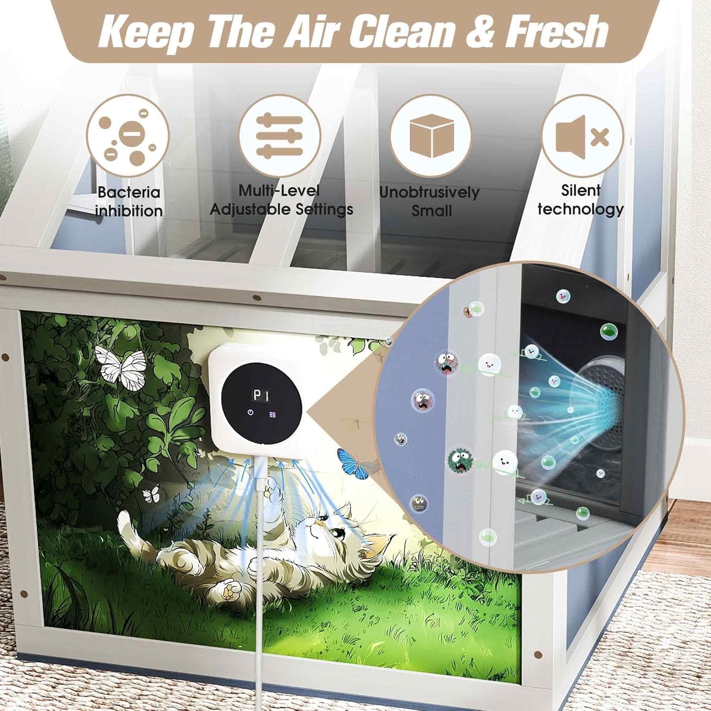 2-Tier Wooden Cat Litter Box Enclosure, Cat Toilet with Air Purifier, Openable Top, Litter Bags, Scoop, Low-Tracking, Odor Control, Kitty Litter House Cabinet Furniture, Gray