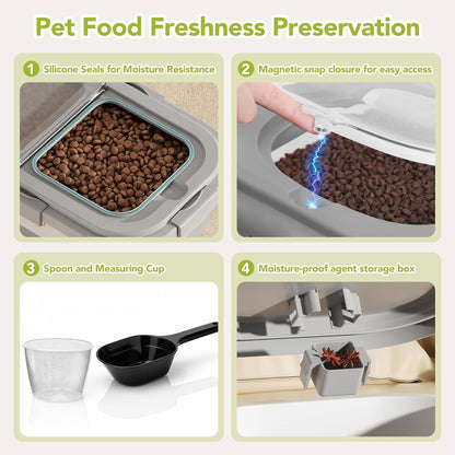 15 Lbs Dog/Cat Food Storage Container,Collapsible Food Storage Containers with Rolling Wheel Airtight Locking Lid,Pet Food Storage Container with Cup and Scoop,Grey