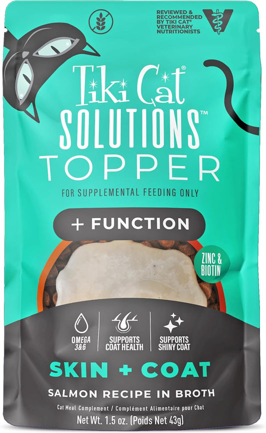Tiki Cat Solutions Topper, Skin + Coat, Salmon Recipe in Broth, 1.5 oz. Pouch (12 Count)