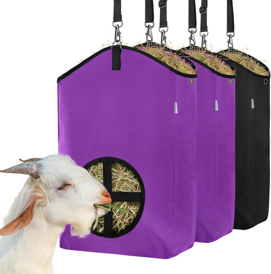 3 PCS Goat Hay Feeder,Hay Bags for Horses,Goats,Donkeys with 600D Oxford Fabric and High Strength Metal Clasp,Horse Feeding Supplies with Adjustable Strap for Easy Hanging (2Purple+1Black)