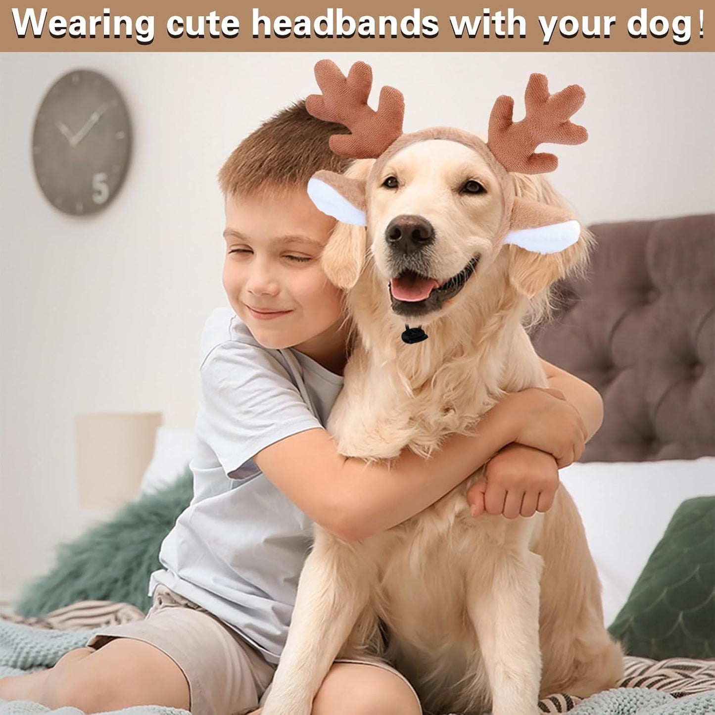 Beviliu Dog Reindeer Antlers Headband, Brown Dog Christmas Antlers Costume for Medium Large Dogs Fluffy Elastic Pet Costume, Adjustable Deer Antlers for Dogs & Cats Halloween Party Birthday