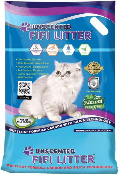 FIFI Litter®15-lbs. 99.9% Dust-Free, Non-Tracking,All Natural,Premium Multi-Cat Formula,Bentonite/Carbon/Silica, Hypoallergenic,Quick Clumping, Odor Control, Super Absorbent, Unscented.