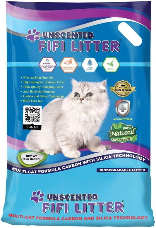 FIFI Litter®15-lbs. 99.9% Dust-Free, Non-Tracking,All Natural,Premium Multi-Cat Formula,Bentonite/Carbon/Silica, Hypoallergenic,Quick Clumping, Odor Control, Super Absorbent, Unscented.