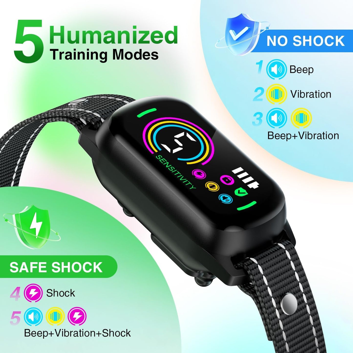 2 Pack Bark Collar, Rechargeable Dog Bark Collar for Large Medium Small Dogs, Smart Training Collar with 5 Adjustable Sensitivity Beep Vibration Harmless Shock, Anti Barking Device for Dogs