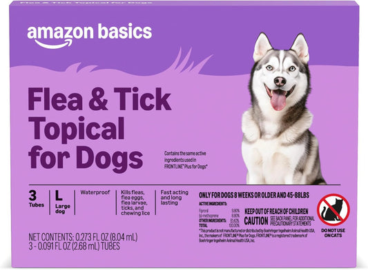 Amazon Basics PreventativeFlea and Tick Topical Treatment for Large Dogs (45-88 pounds), , 3 Count, Packaging May Vary