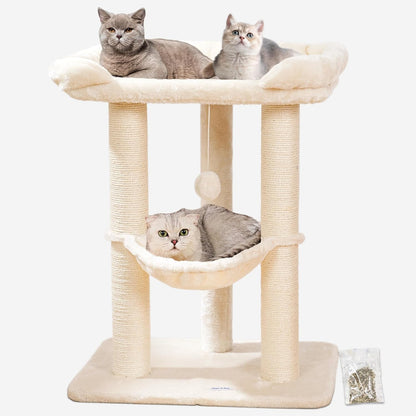 Happi N Pets 28" Large Cat Tree Tower for Indoor Cats, Cat Scratch Post with Large Bed for Maine Coon Big Cats, Sisal Cat Scratcher with Soft Perch & Hammock, Stable Cat Stand, Removable Cover-Beige