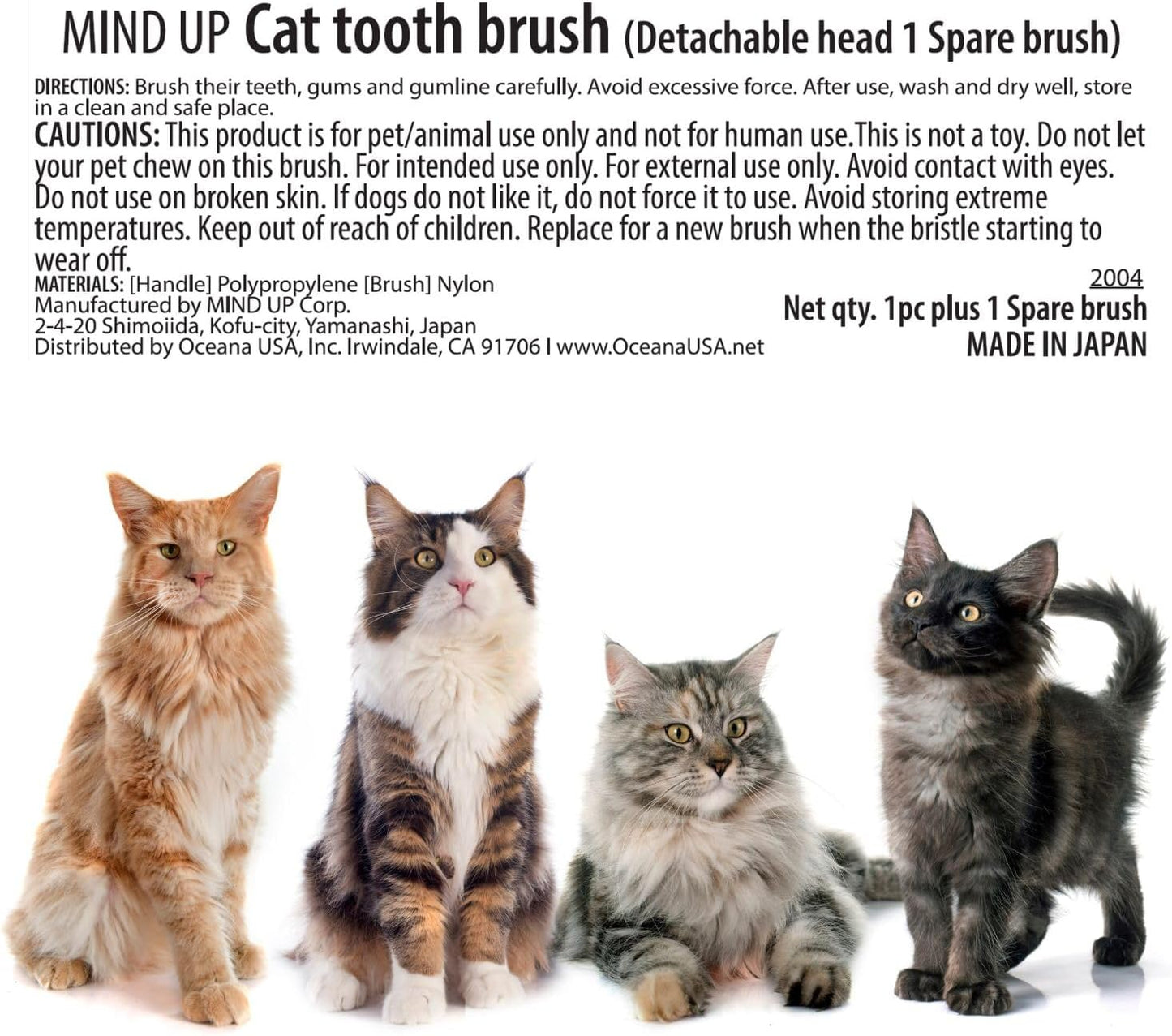 MIND UP 2 Pack Toothbrush for Cats with Detachable Head, 15° Angled Handle for Comfortable Brushing, Includes Spare Brush, Effective Pet Dental Care, Made in Japan