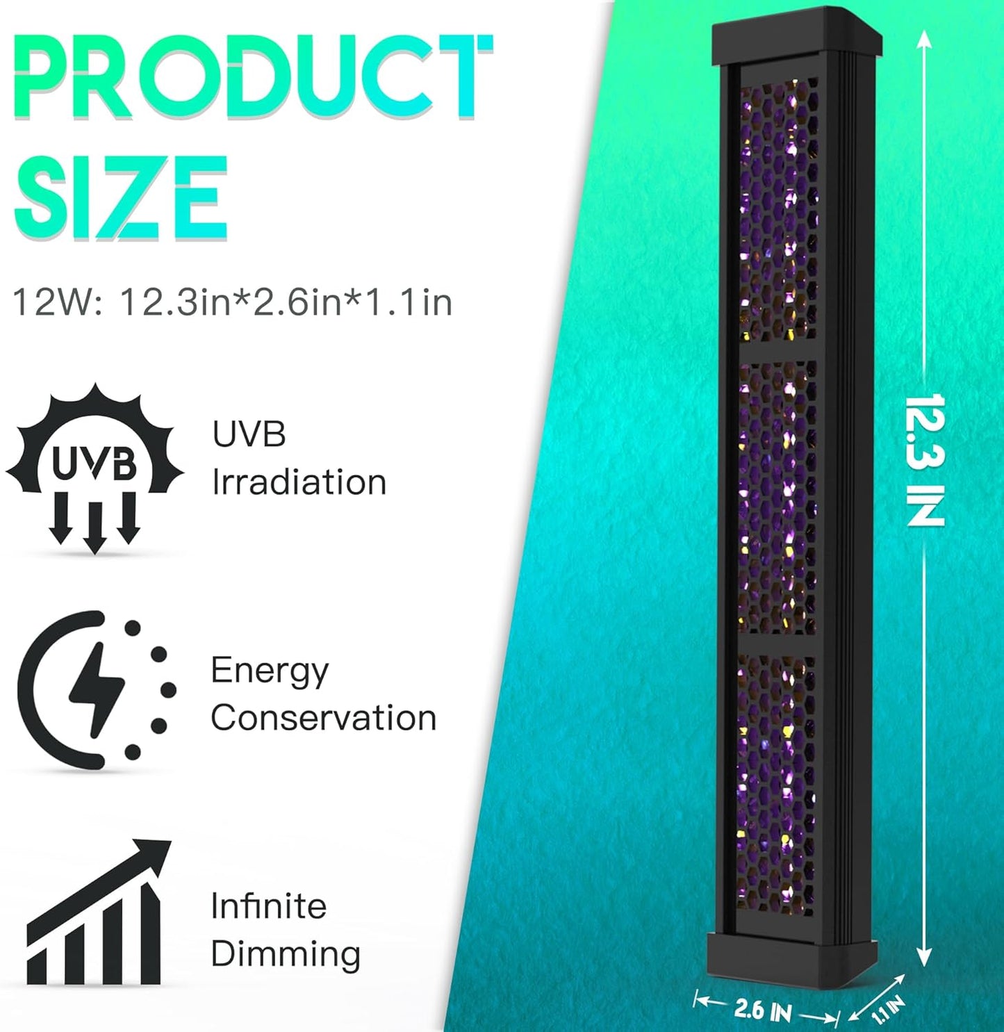 Dimmable LED Reptile UVB Lamp, 8000 Hours UVB Duration for Much Longer Lifespan, Adjustable 4/8/12-Hour Cycles, Suitable for Lizard and Chameleon, 12W, L Size