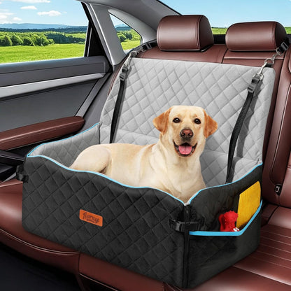 Large Dog Car Seat, Dog Car Bed for Large Dogs Under 60 lbs or 2 Small Breeds, Comfortable Pet Booster Seat with Memory Foam Thick Cushion, Detachable & Washable Pet Bed for Backseat, Black+Grey