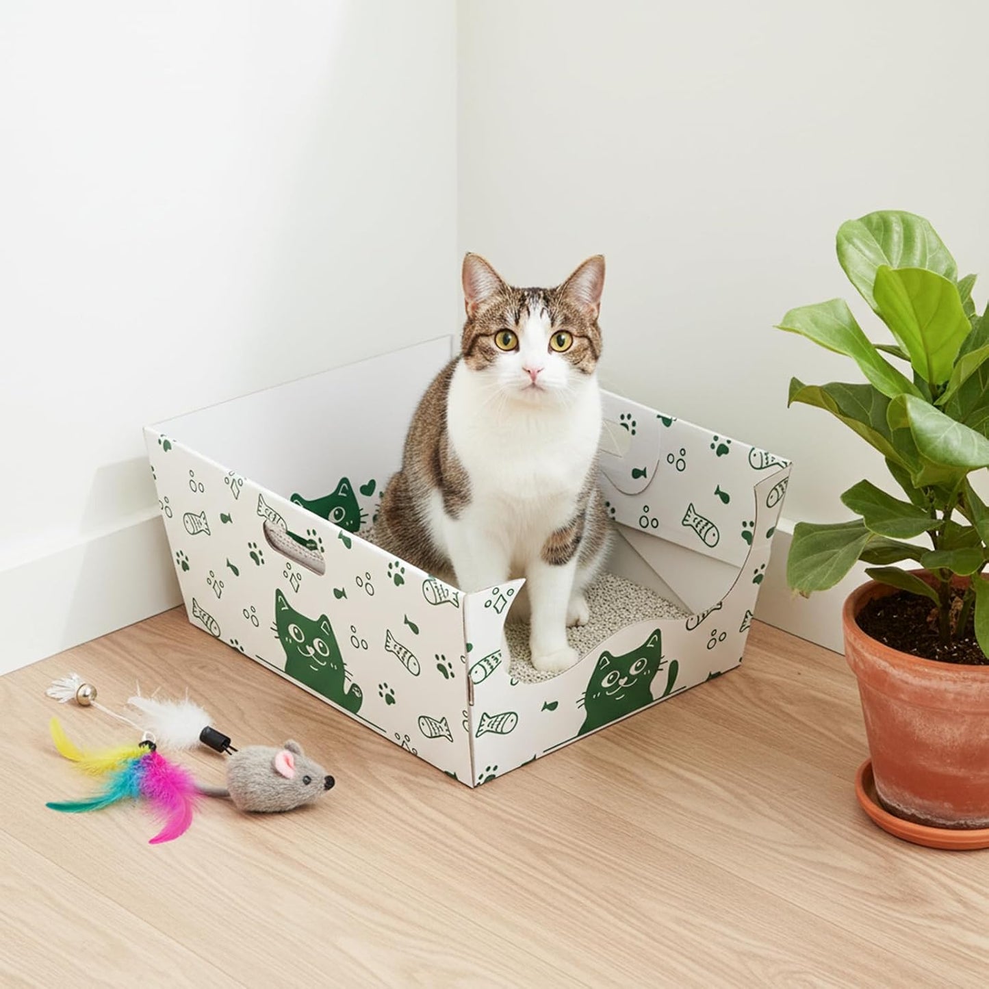 SOUJOY 8 Pack Disposable Cat Litter Box, Sturdy White Cardboard Litter Boxes with Scoop, Anti-Splashing Foldable Enclosed Travel Litter Tray for Cats Puppies Small Pets, 16" L x 12" W x 6.7" H