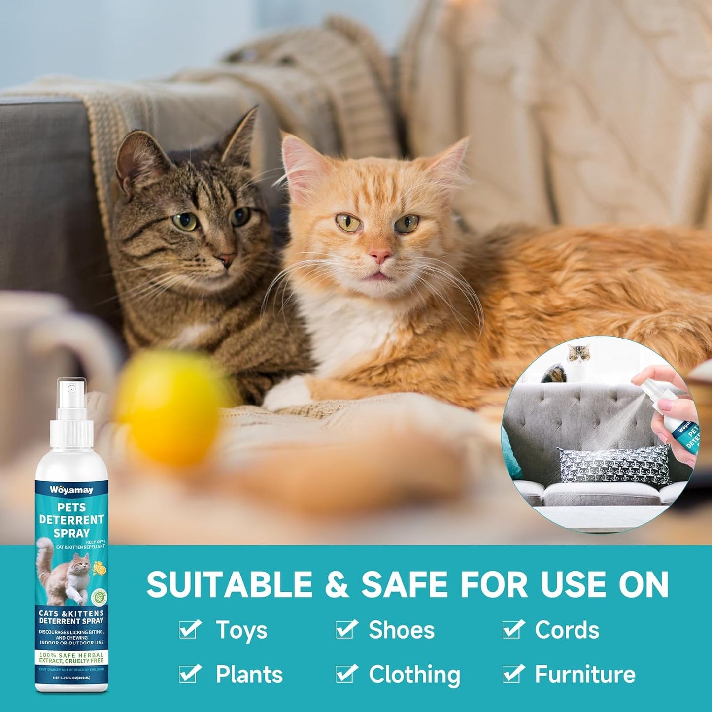 Cat Deterrent Spray, Cat Scratch Deterrent for Furniture, Cat Repellent Spray to Keep Cats Away, Cat Repellent Spray for Furniture Indoor & Outdoor, Prevent Scratching, Digging & Chewing 200ml