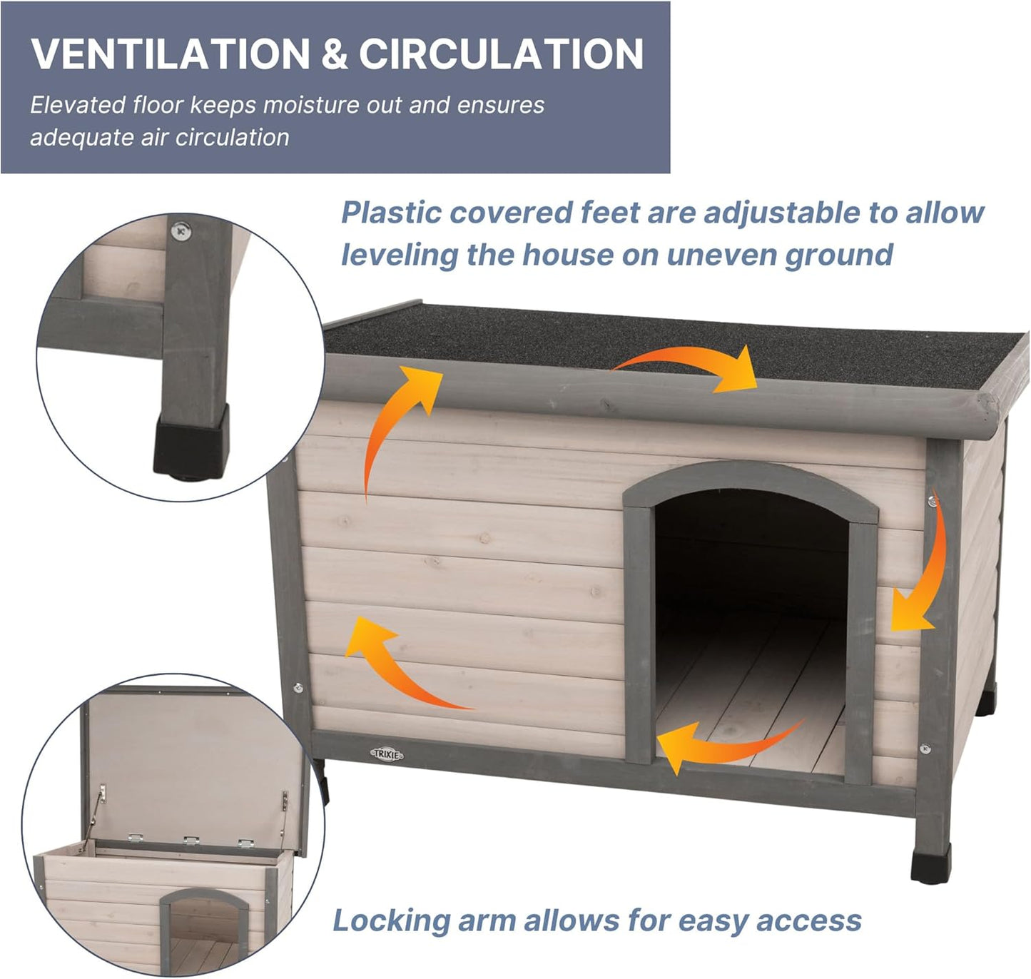 Trixie Natura Classic Dog House - Wooden Outdoor Shelter with Weatherproof Sealer, Hinged Roof & Adjustable Legs for Small Dogs - Gray - 23.75 x 33.5 x 23 in
