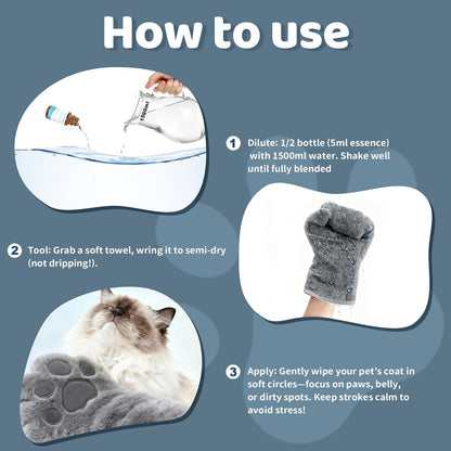 Concentrated Waterless Shampoo with Grey Grooming Glove, No-Rinse & Lick-Safe Essence for Steam Brushes, Gentle Care for Cats/Kittens/Seniors, Manage Shedding & Freshness