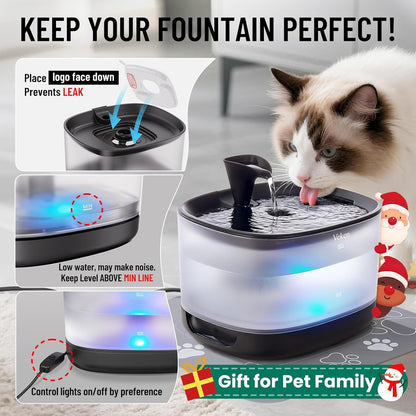 Veken Cat Water Fountain with Detachable Tank, Easy to Clean & Assemble, 84oz/2.5L Pet Drinking Dispenser with Quiet Operation & LED Light, Gifts for Christmas, Cats, Dogs and Small Pets, Black