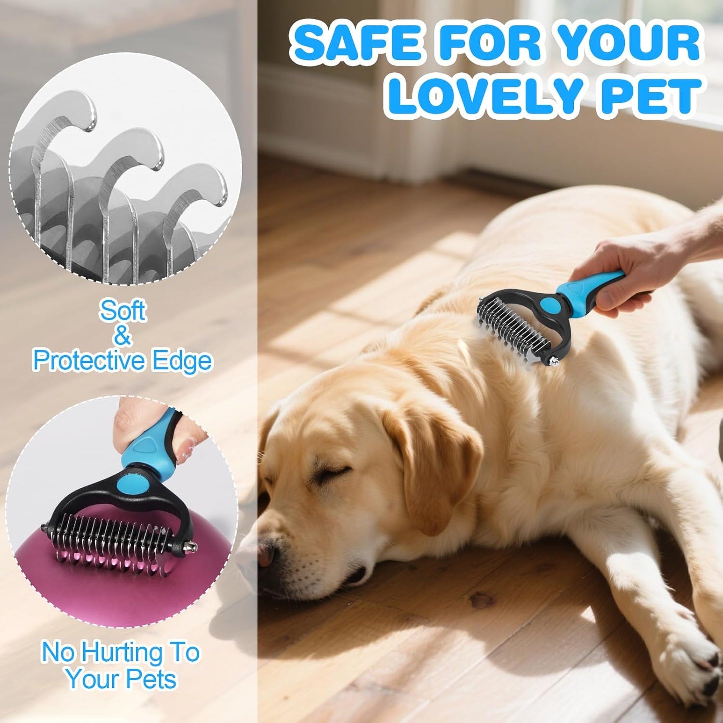 2-in-1 Pet Grooming Kit-Double-Sided Dematting Comb & Flea Comb for Detangling Matted Fur on Dogs/Cats/Rabbits-Effective Cat Brush & Dog Brush for Shedding（Blue